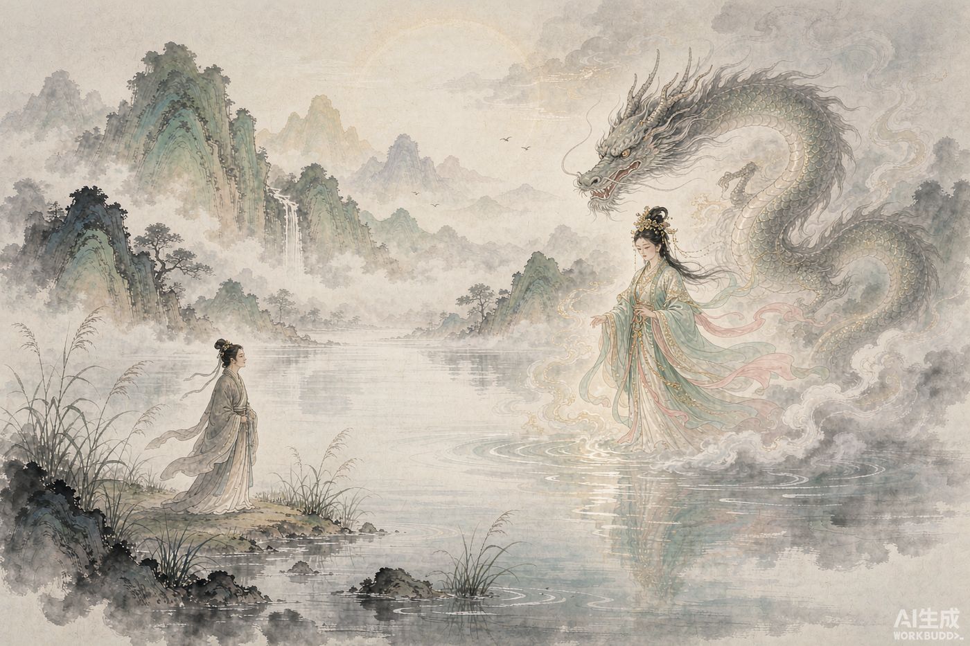 A Tang dynasty scholar at the shore of a misty lake as a woman in court dress rises from the water beside a dragon, ink wash painting