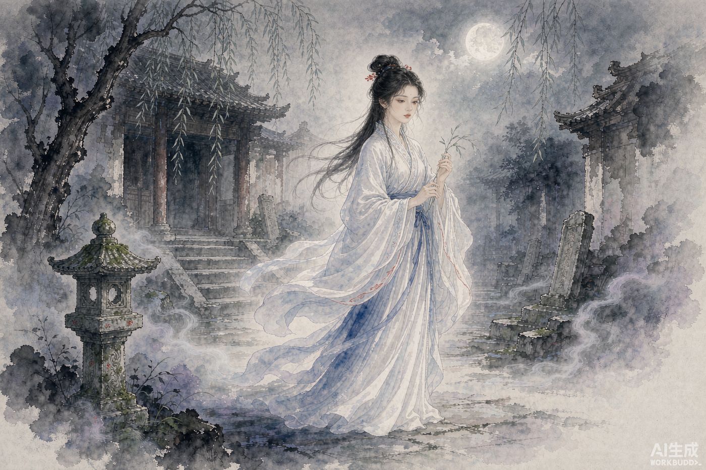 A woman in white and pale blue robes standing in a moonlit ruined temple courtyard, painted in traditional Chinese ink wash style