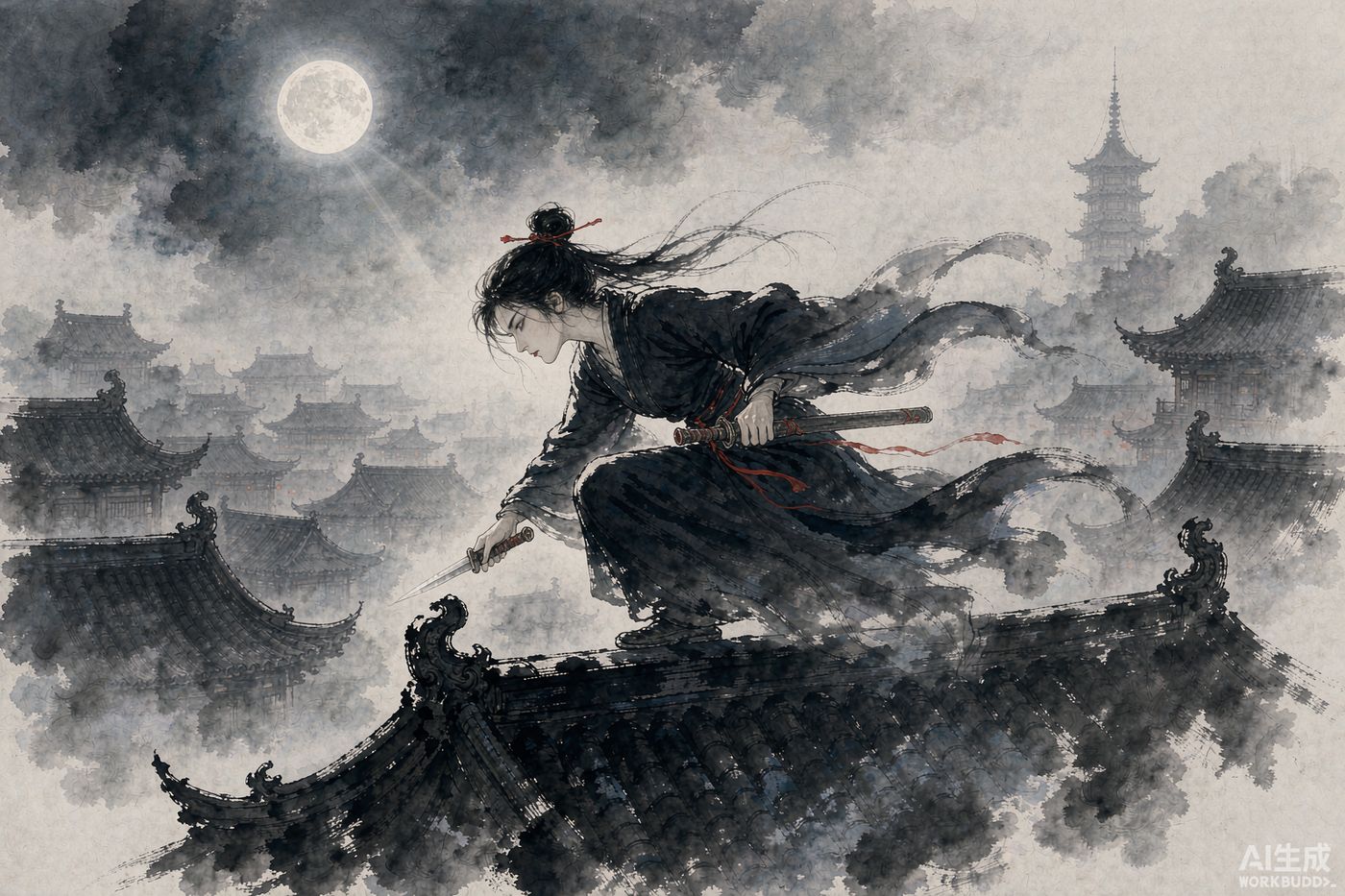 A female assassin in dark robes crouched on a tiled rooftop under a large moon, ink wash painting